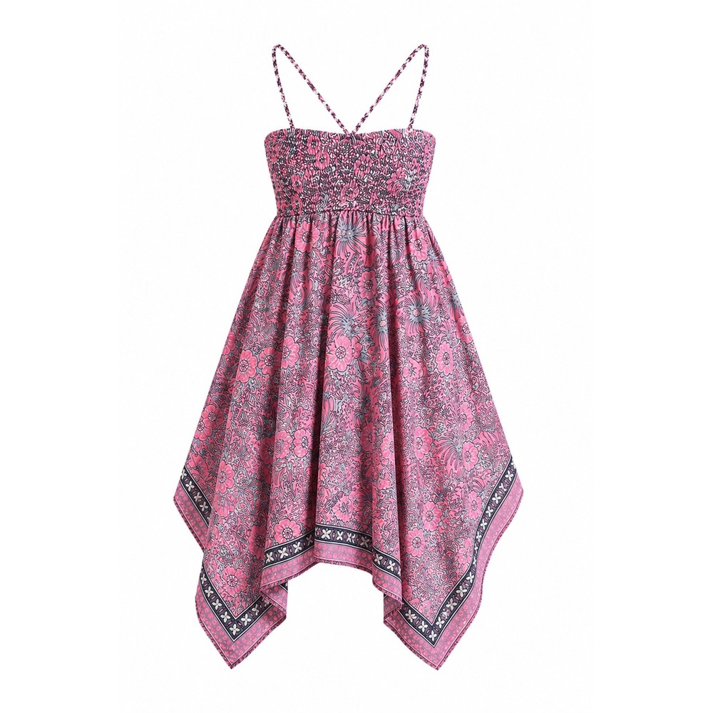 Shoreline Handkerchief Dress Womens S/M Pink Blue Good Floral Smocked Boho
